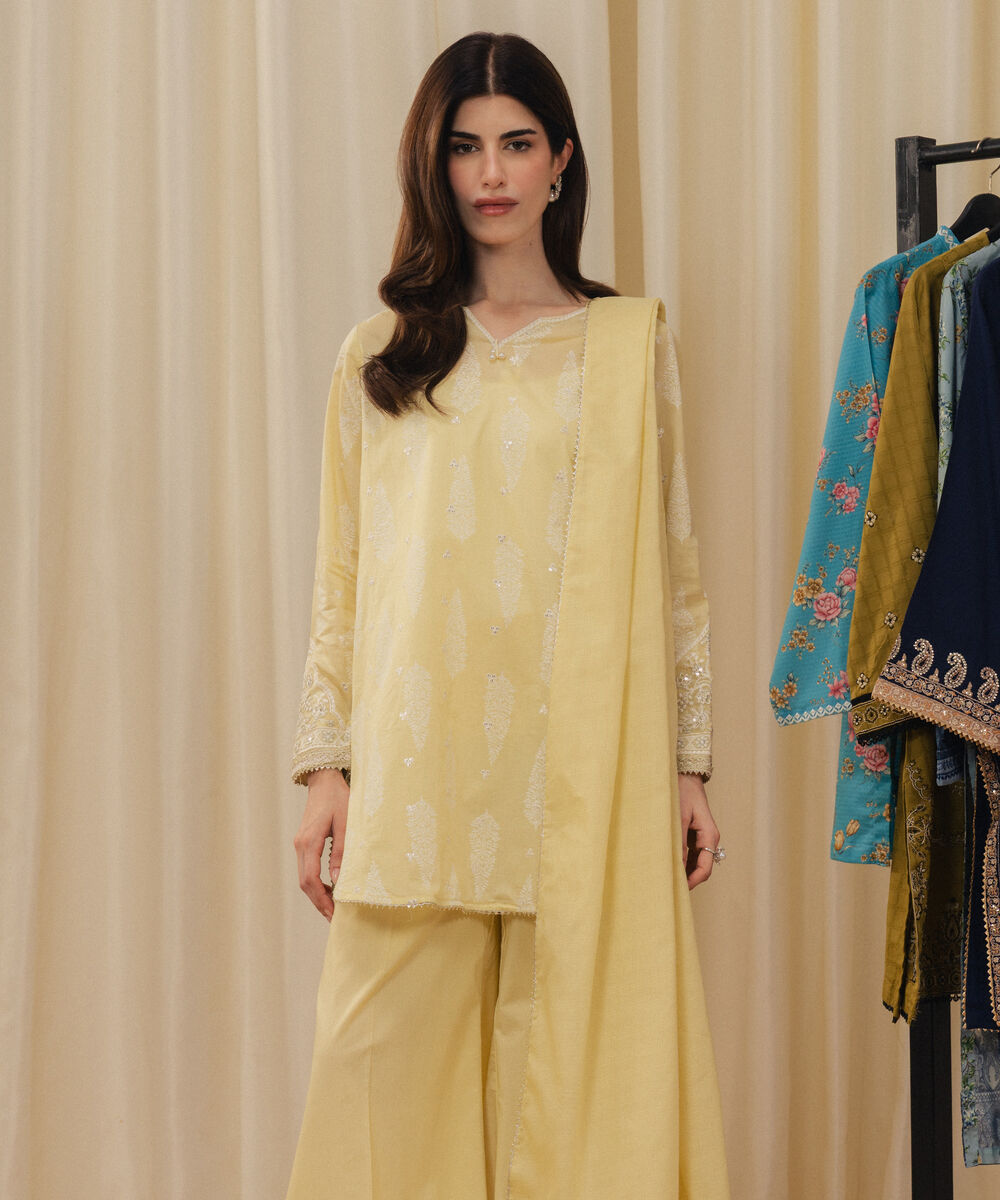 Women's RTW Lawn Embroidered Pale Yellow 3 Piece Suit