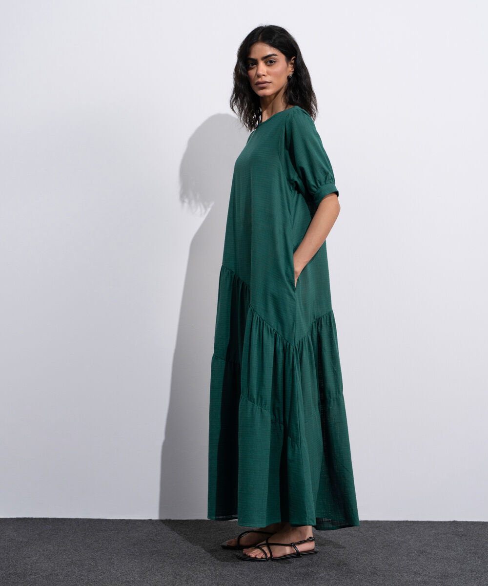Women's Green Asymmetrical Panels Midi Dress
