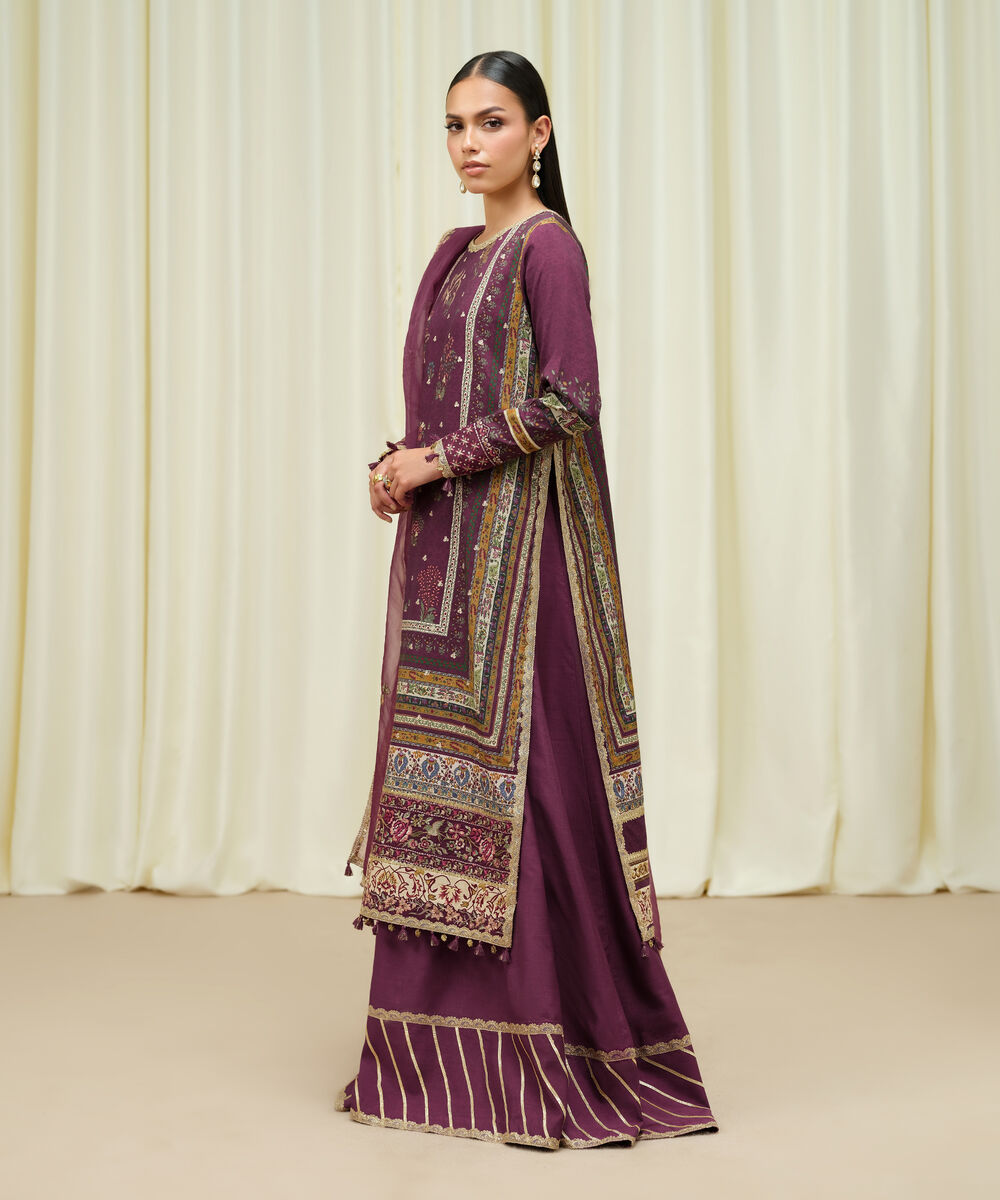 Women's Unstitched Raw Silk Embroidered Purple 3 Piece Suit