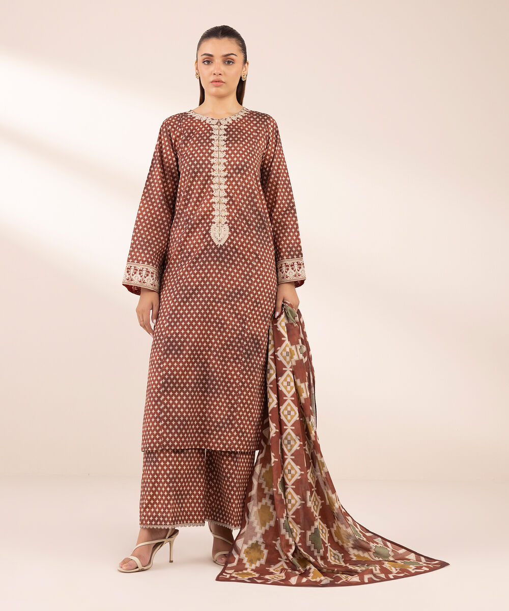 Women's RTW Lawn Brown Embroidered A-Line Shirt