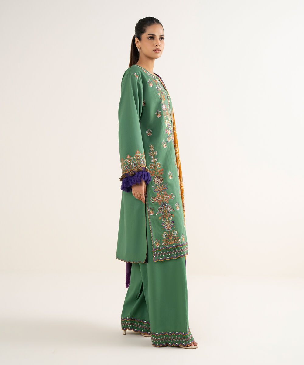 Women's Unstitched Twill Embroidered Green 3 Piece Suit