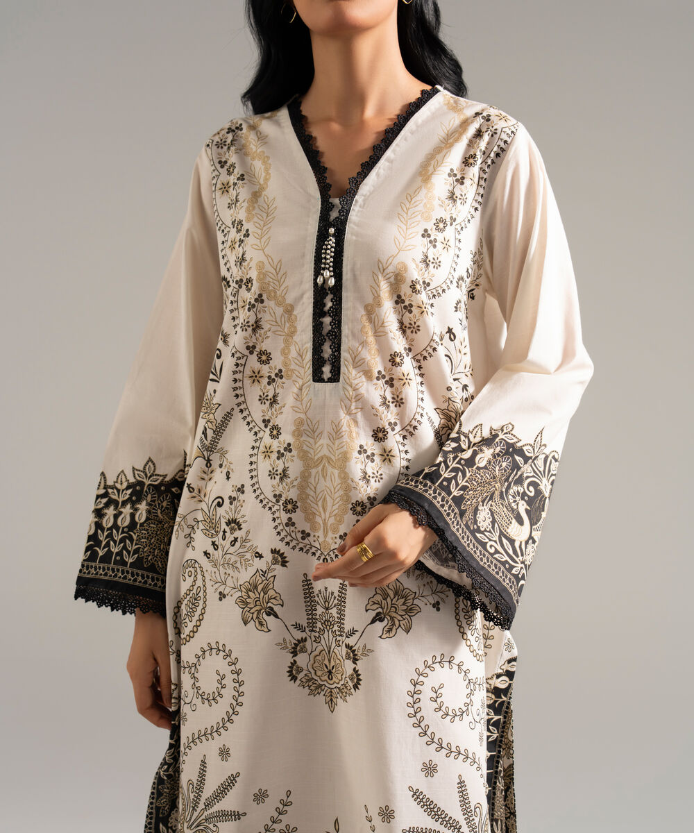 Women's RTW Slub Lawn Printed Off White 3 Piece Suit