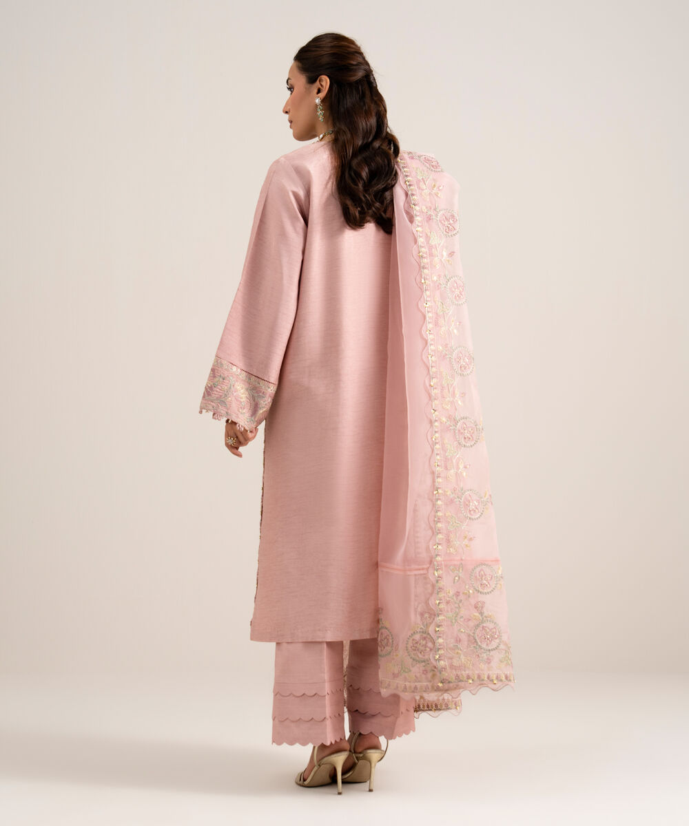 Women's Unstitched Embroidered Viscose Raw Silk Teal Pink 3 Piece Suit