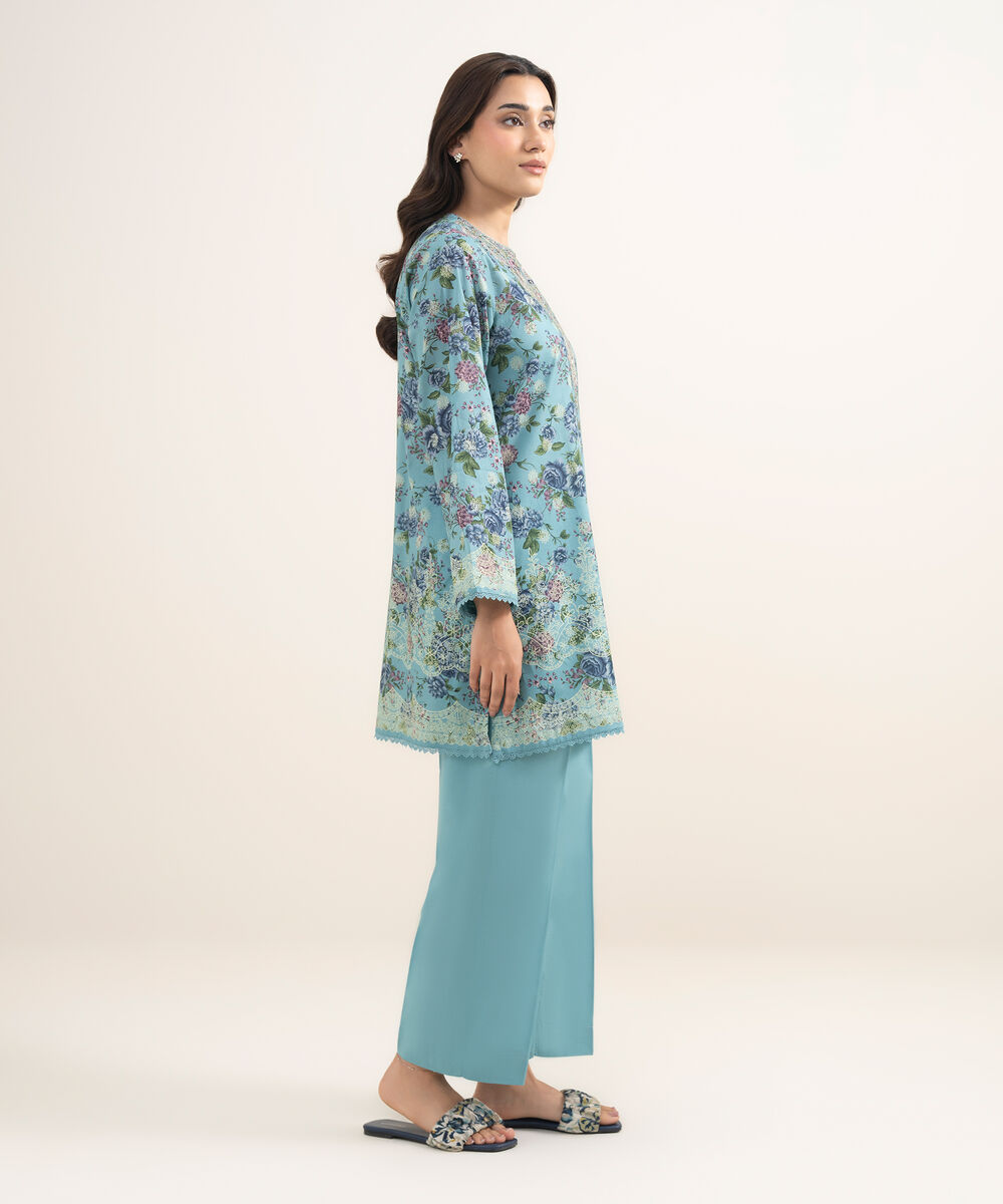 Women's RTW Lawn Embroidered Blue Straight Shirt