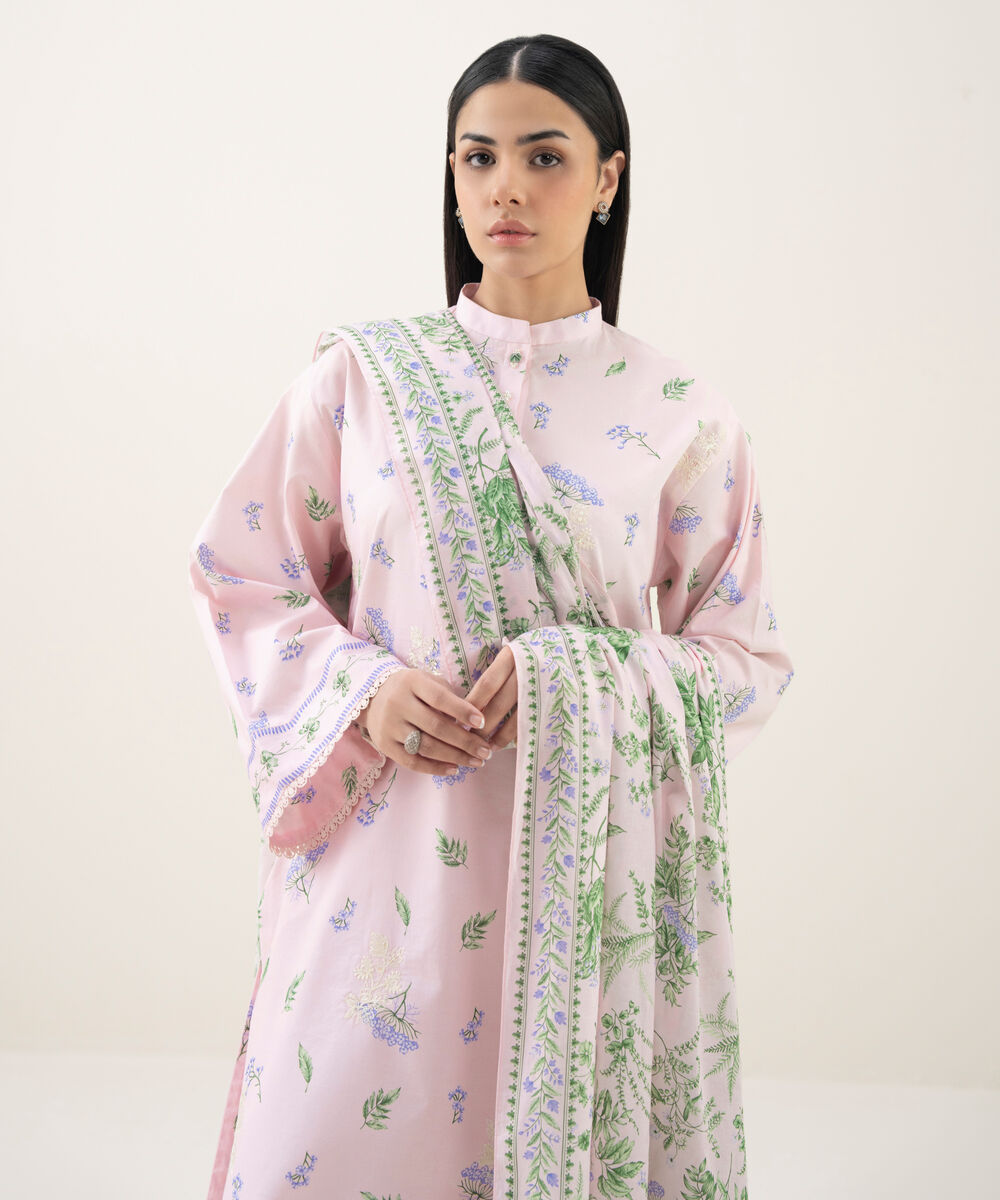 Women's Unstitched Lawn Embroidered Pink 3 Piece Suit