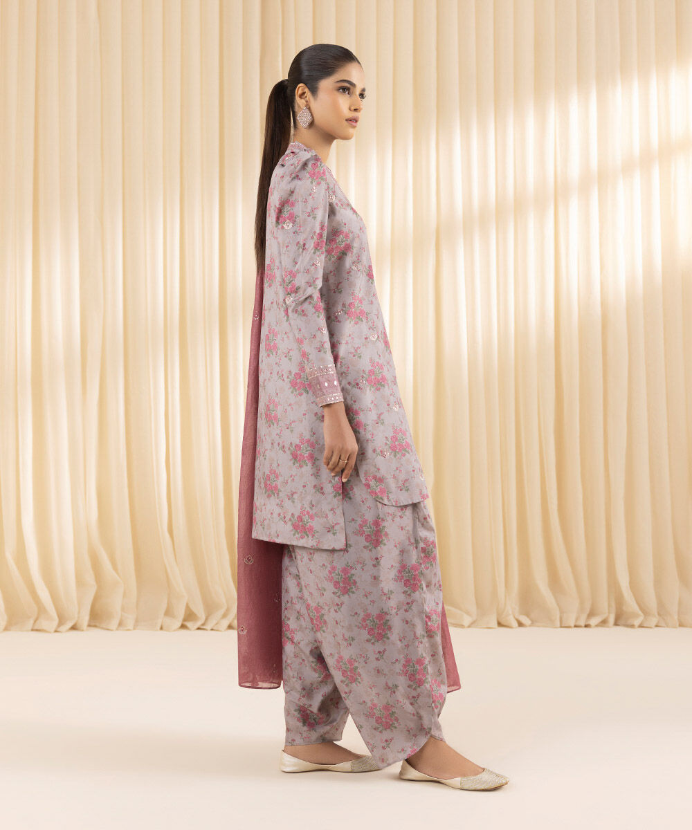 Unstitched Women's Embroidered Blended Grip Silk Grey Three Piece Suit