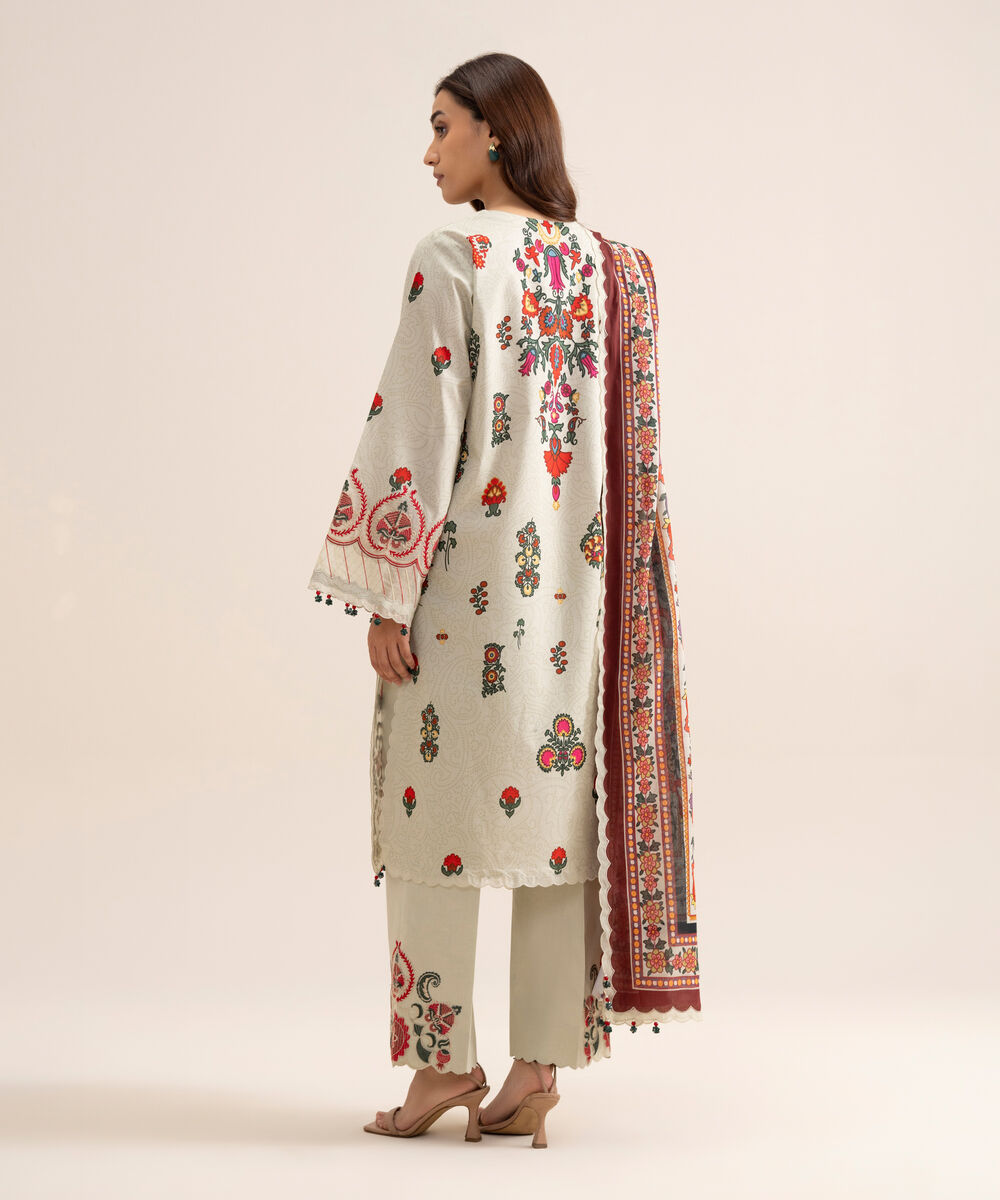 Women's Unstitched Lawn Embroidered Off White  3 Piece Suit