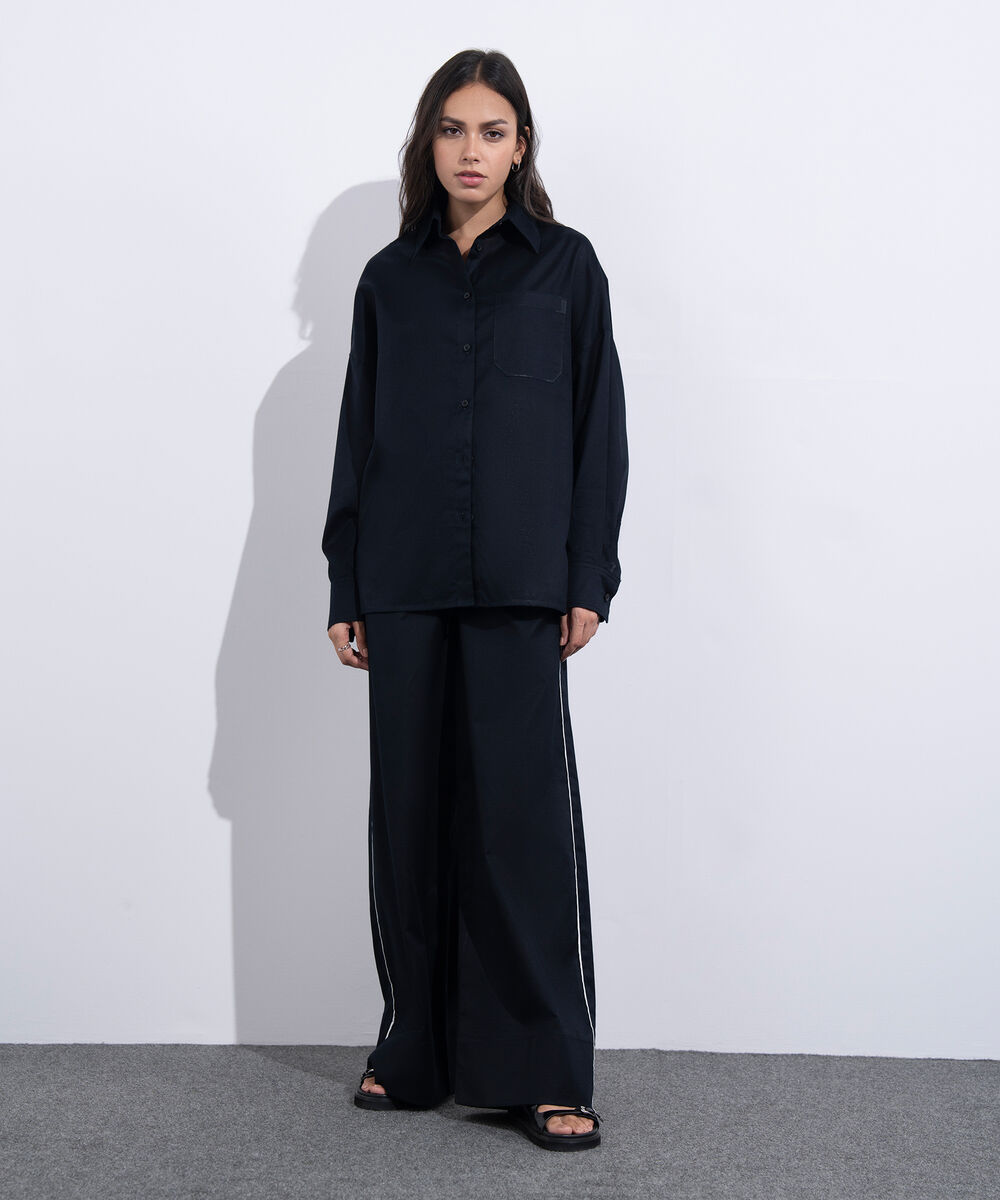 Women's Western Wear Black Oversized Linen Blend Shirt