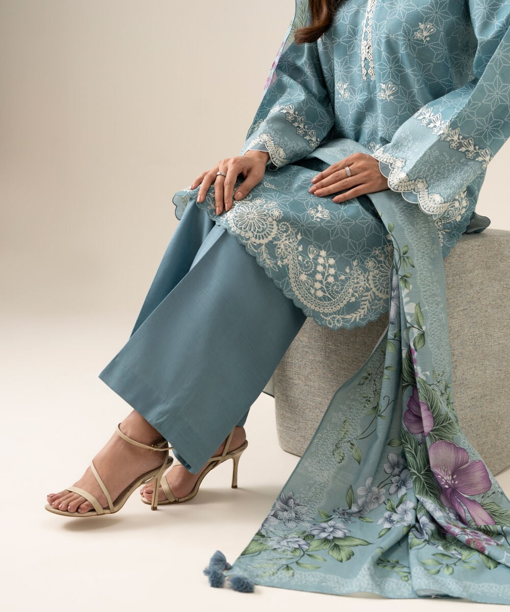 Women's Unstitched Light Khaddar Embroidered Light Blue 3 Piece Suit
