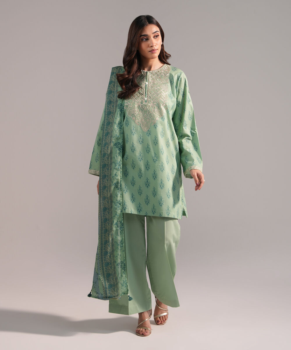 Women's RTW Cambric Embroidered Green 3 Piece Suit