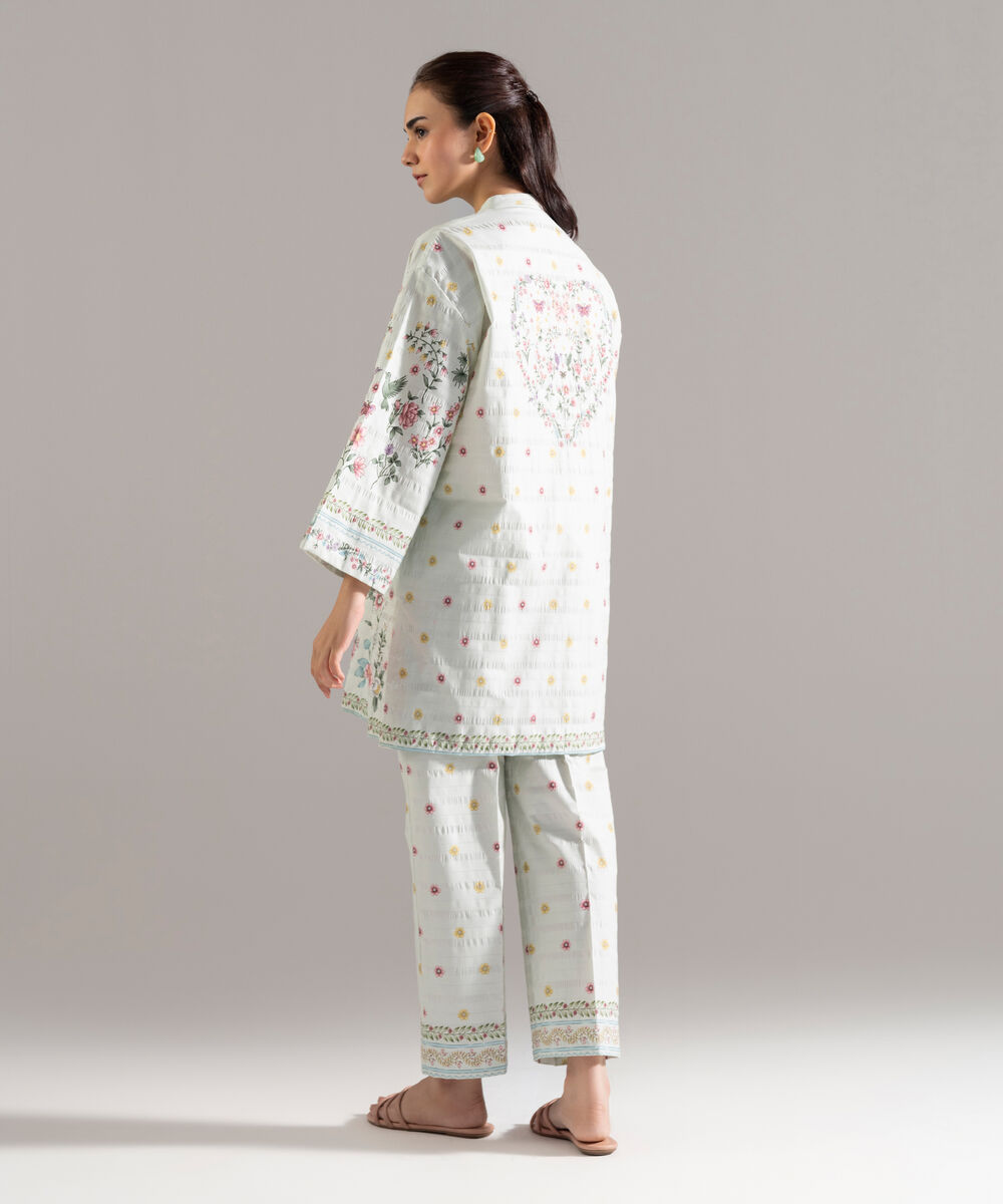 Women's RTW Seersucker Printed Green Drop Shoulder Shirt