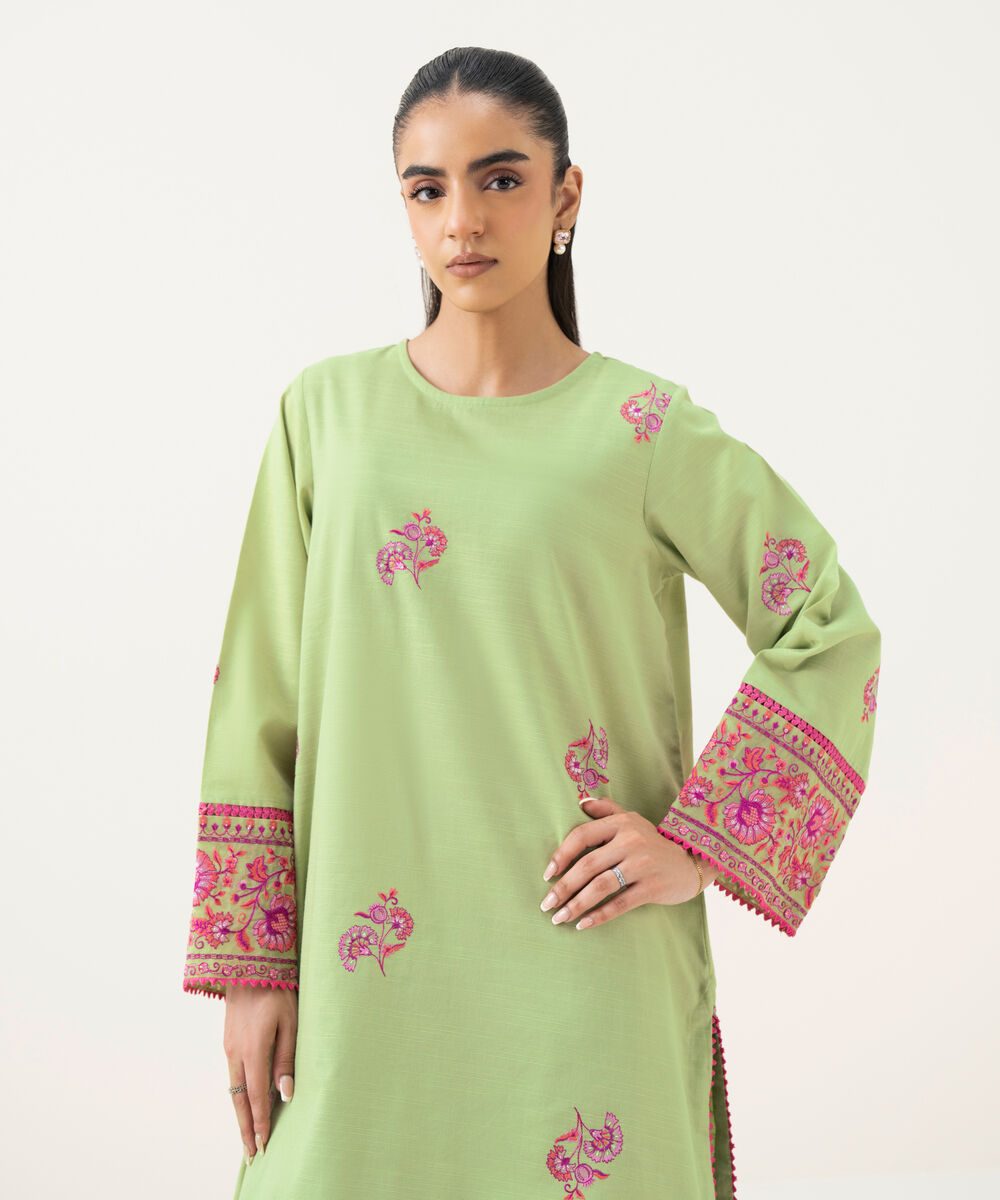 Women's RTW Light Khaddar Green Embroidered Straight Shirt