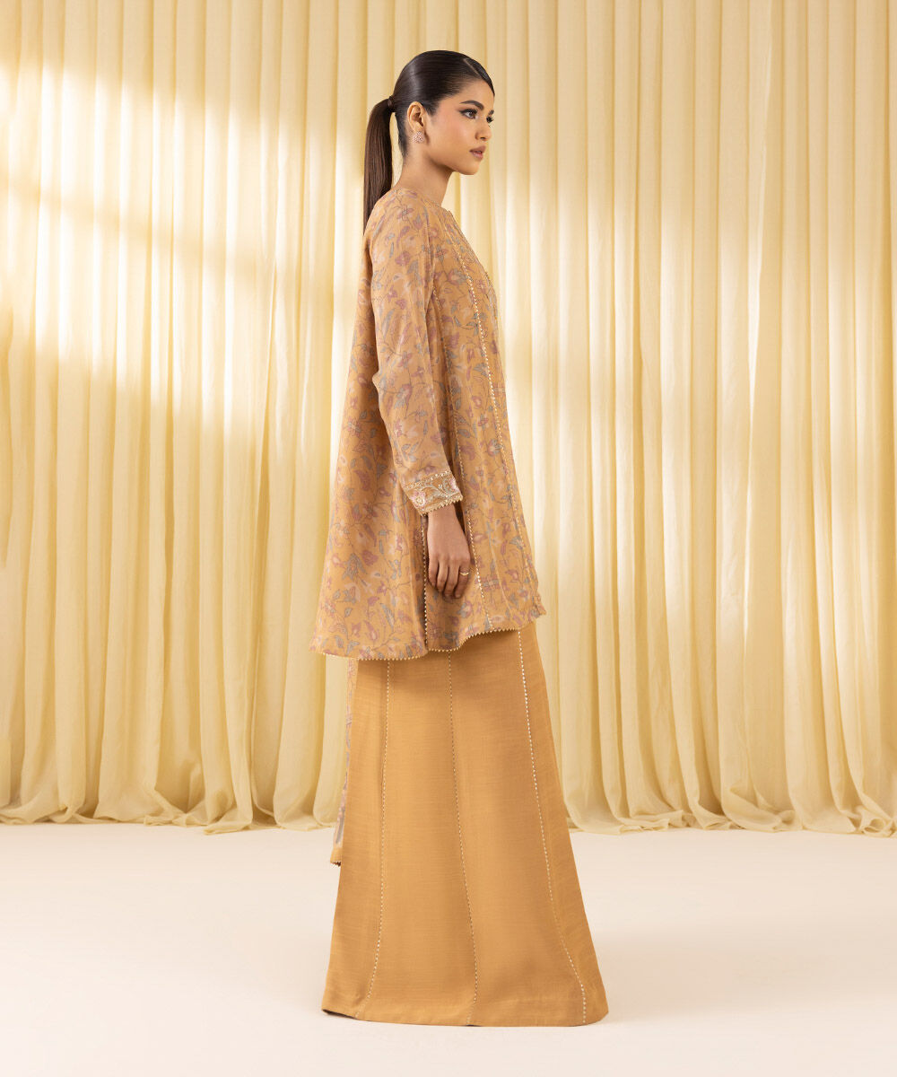 Unstitched Women's Yellow Chiffon Embroidered 3 Piece Suit