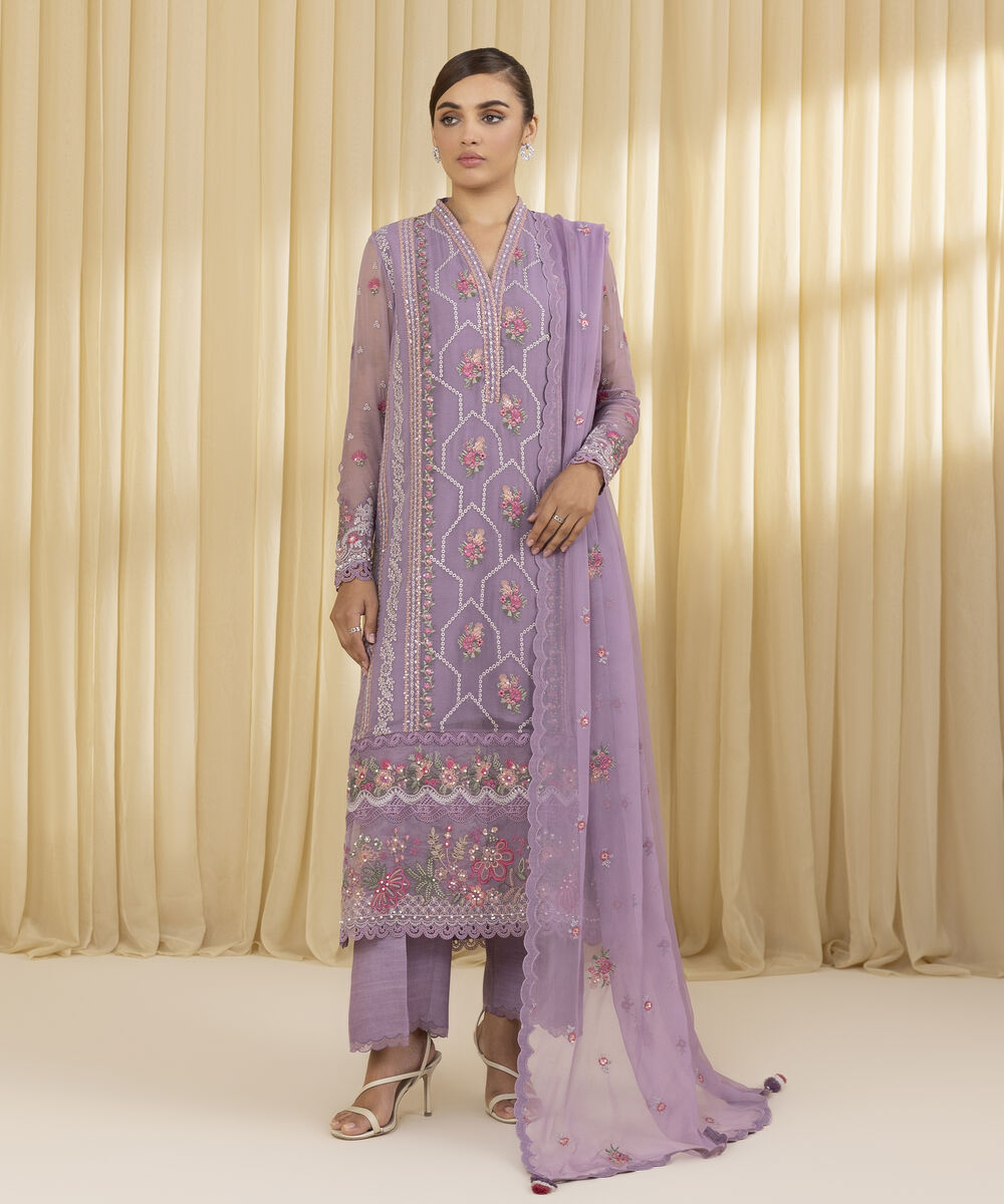 Unstitched Women's Pink Crinkle Chiffon 3 Piece Suit
