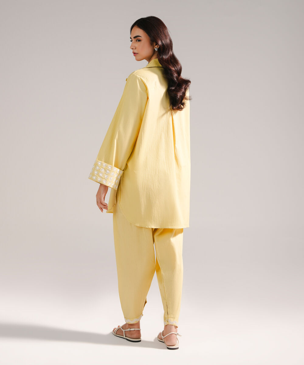 Women's RTW Seersucker Embroidered Yellow Straight Shirt