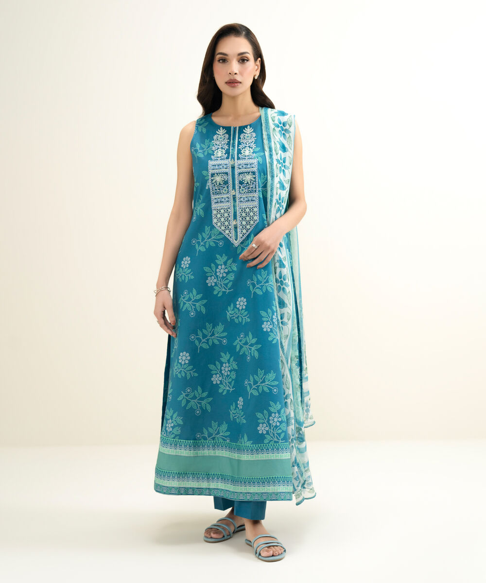 Women's Unstitched Lawn Embroidered Blue 3 Piece Suit