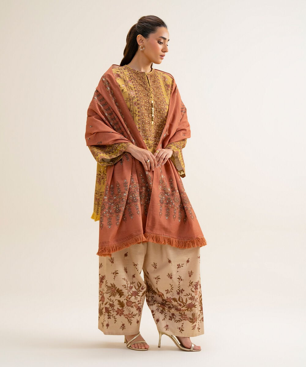 Women's Unstitched Premium Khaddar Printed Yellow 3 Piece Suit