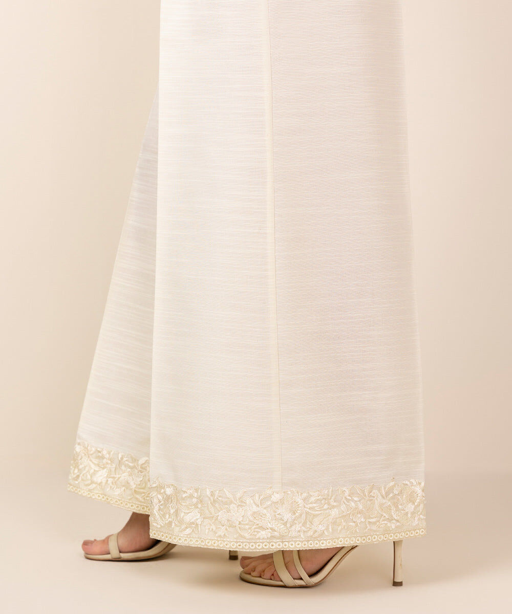 Woman - Off White Embroidered Khaddar Flared Pants