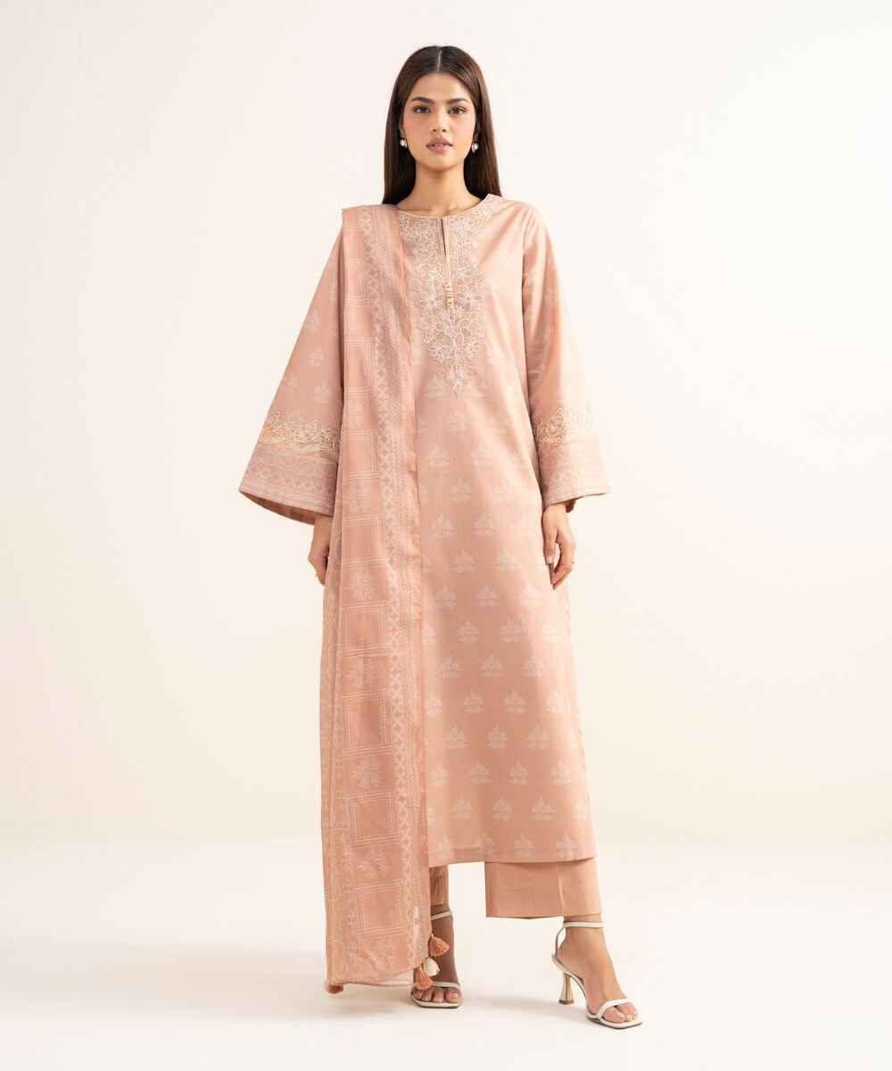 Women's Unstitched Lawn Embroidered Pink 3 Piece Suit