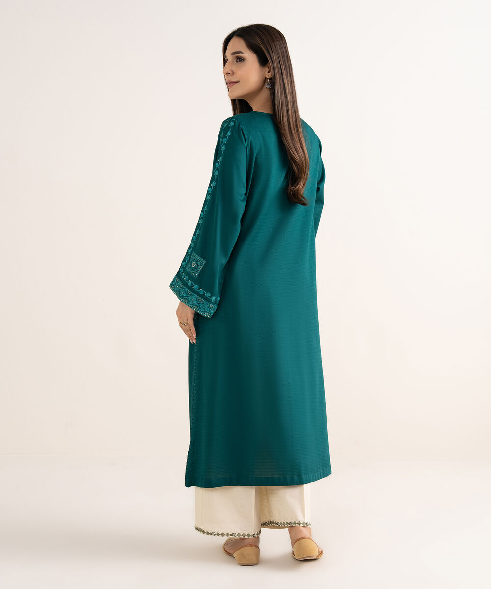 Women's RTW Textured Cotton Green Embroidered A-Line Shirt