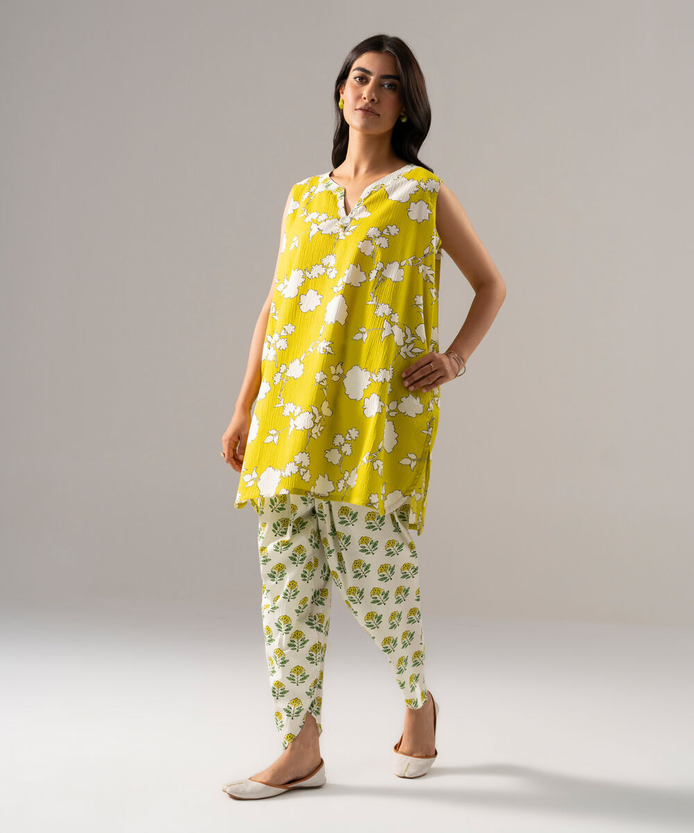 Women's RTW Seersucker Printed Lime Green Straight Shirt