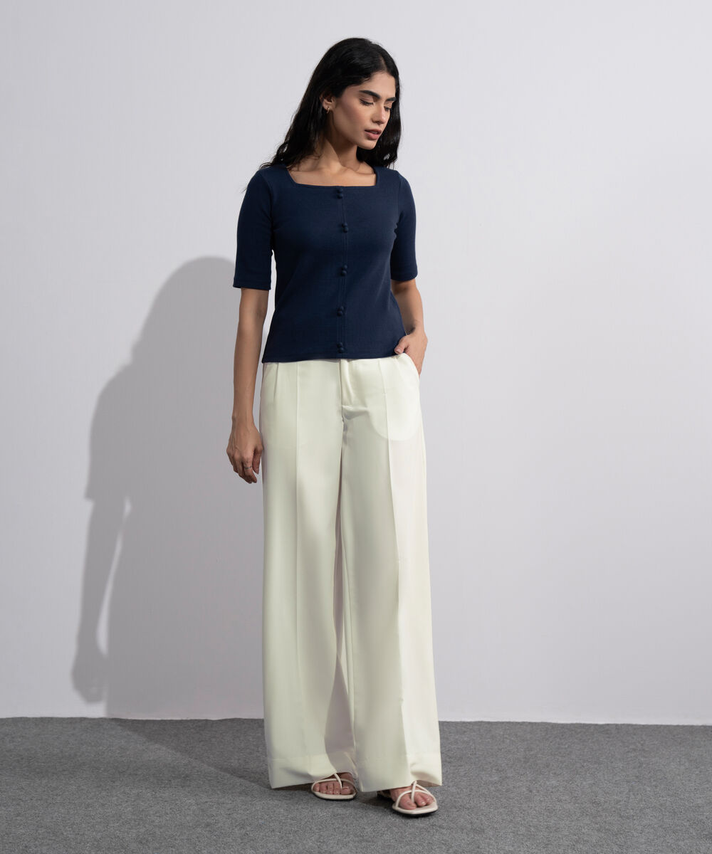 Women's Blue Square Neck Ribbed Top