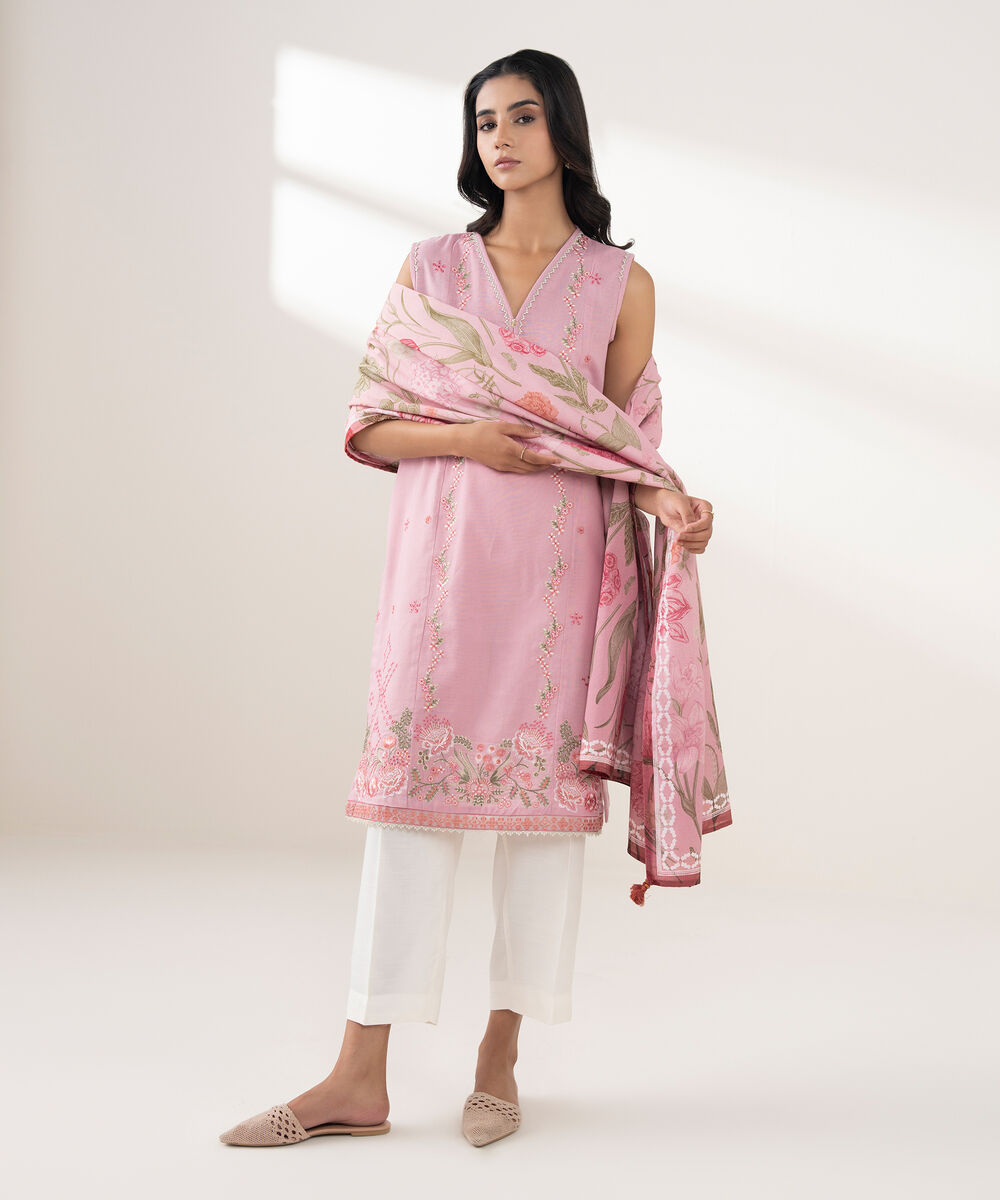 Women's RTW Khaddar Embroidered Pink 2 Piece Suit
