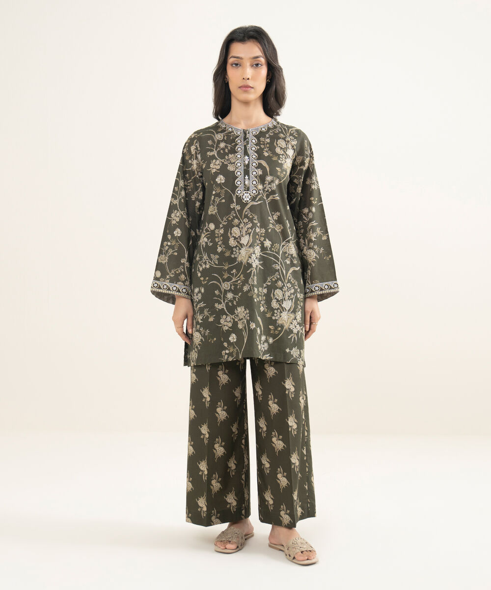 Women's RTW Crosshatch Embroidered Green Straight Shirt