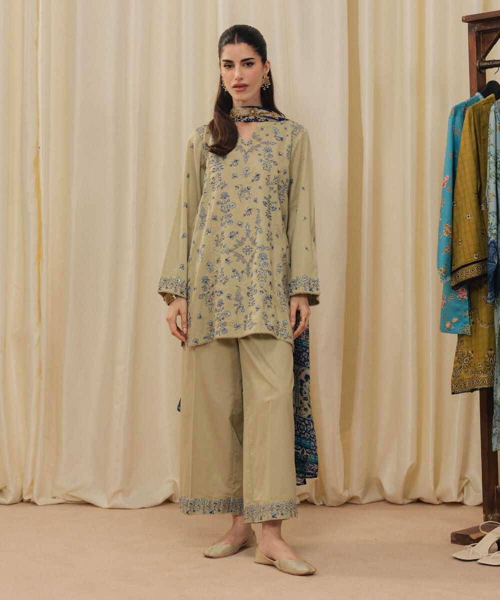 Women's RTW Dobby Embroidered Green 3 Piece Suit