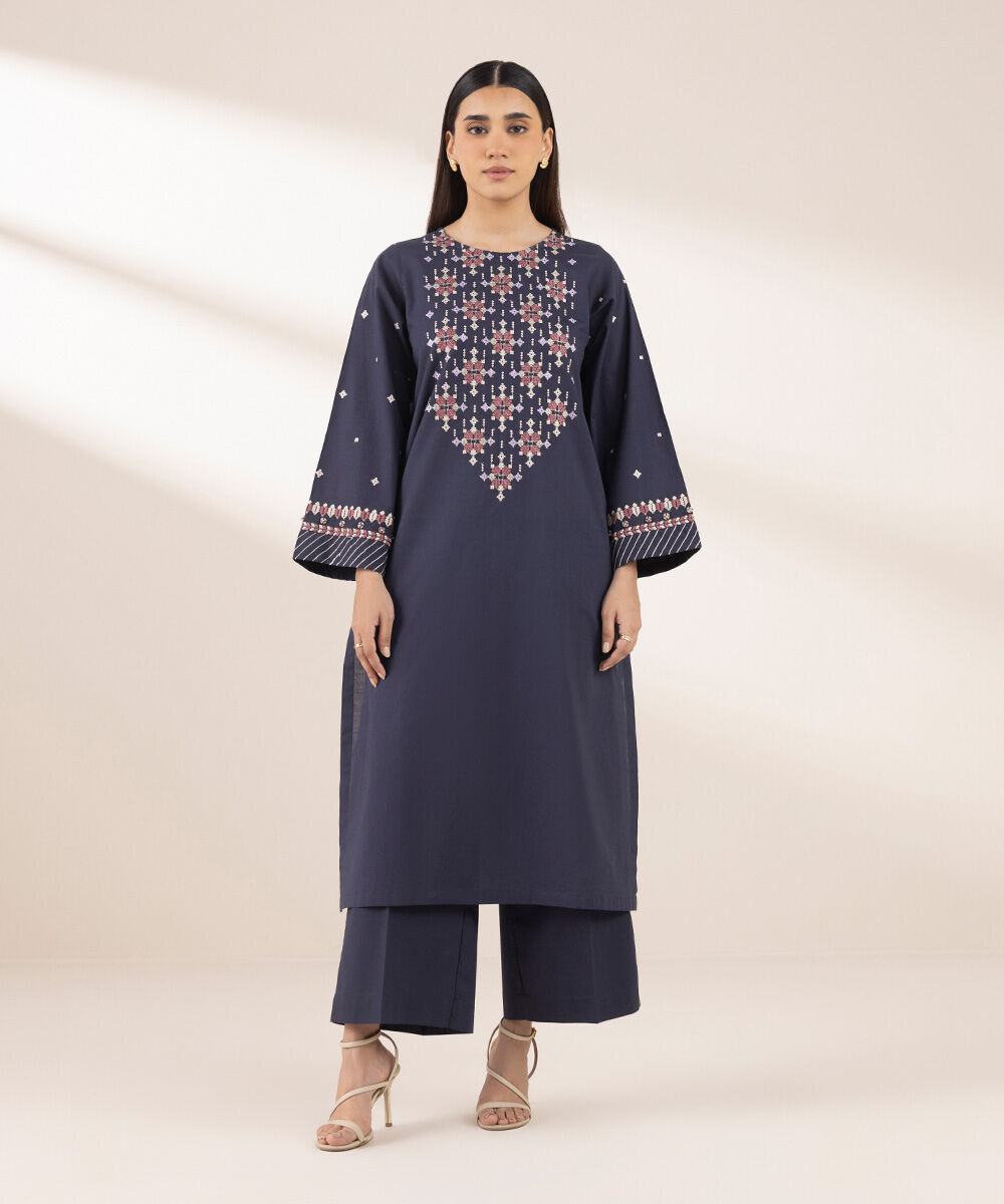 Women's RTW Cross Hatch Blue Embroidered A-Line Shirt