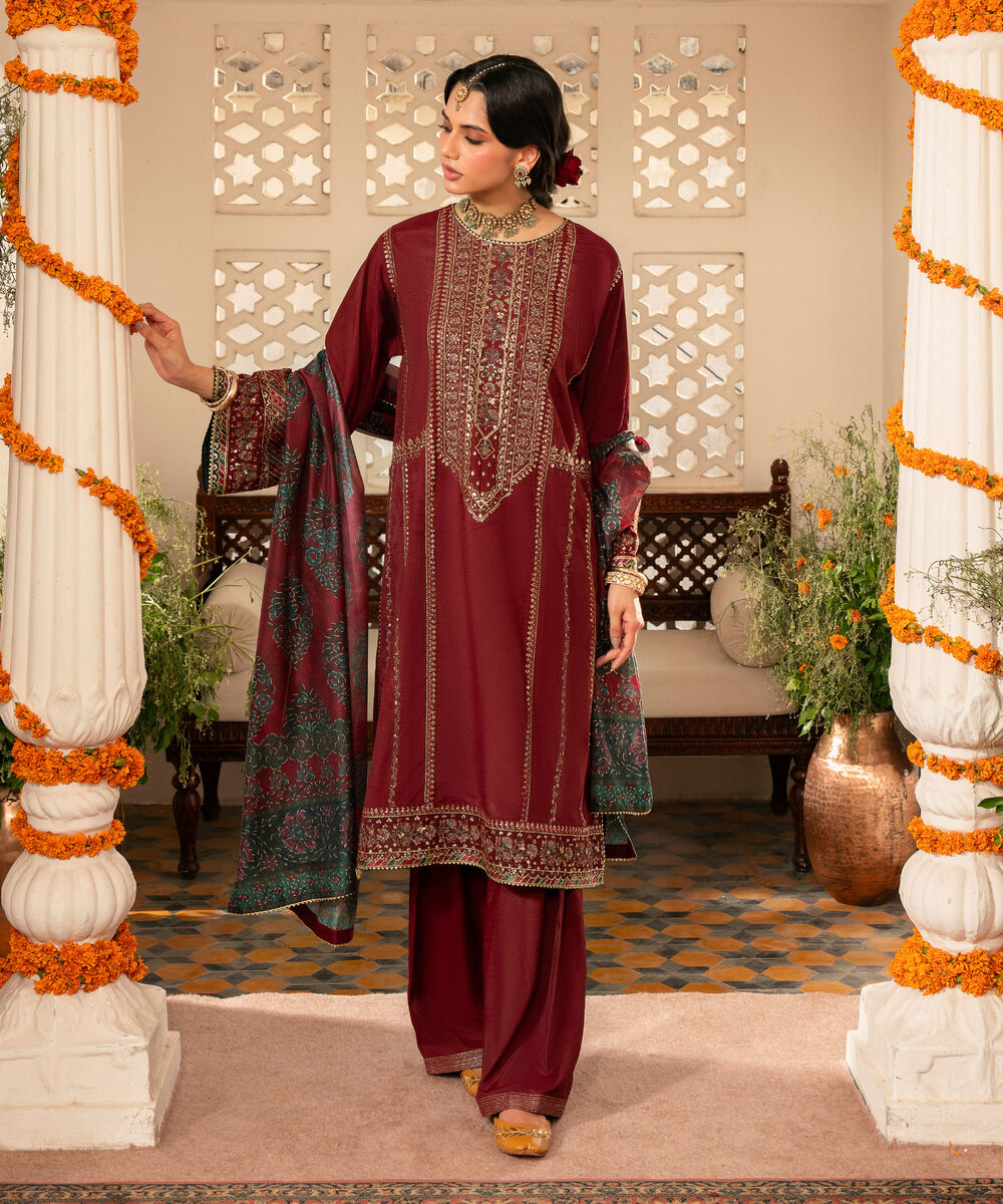 Women's Unstitched Embroidered Blended Raw Silk Red 3 Piece Suit