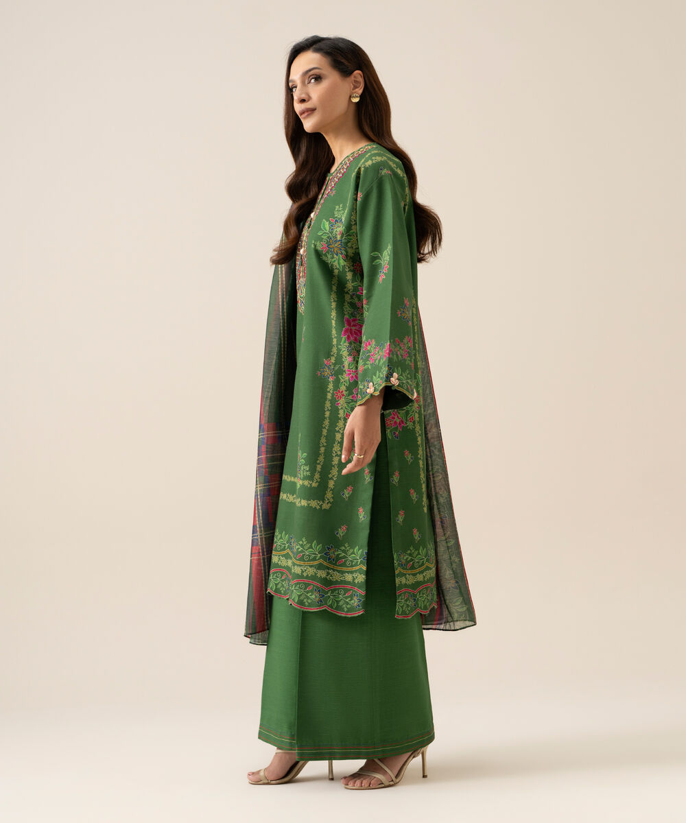Women's Unstitched Light Khaddar Printed Green 3 Piece Suit