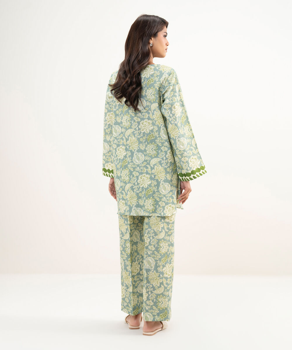 Women's RTW Seersucker Printed Green Straight Shirt