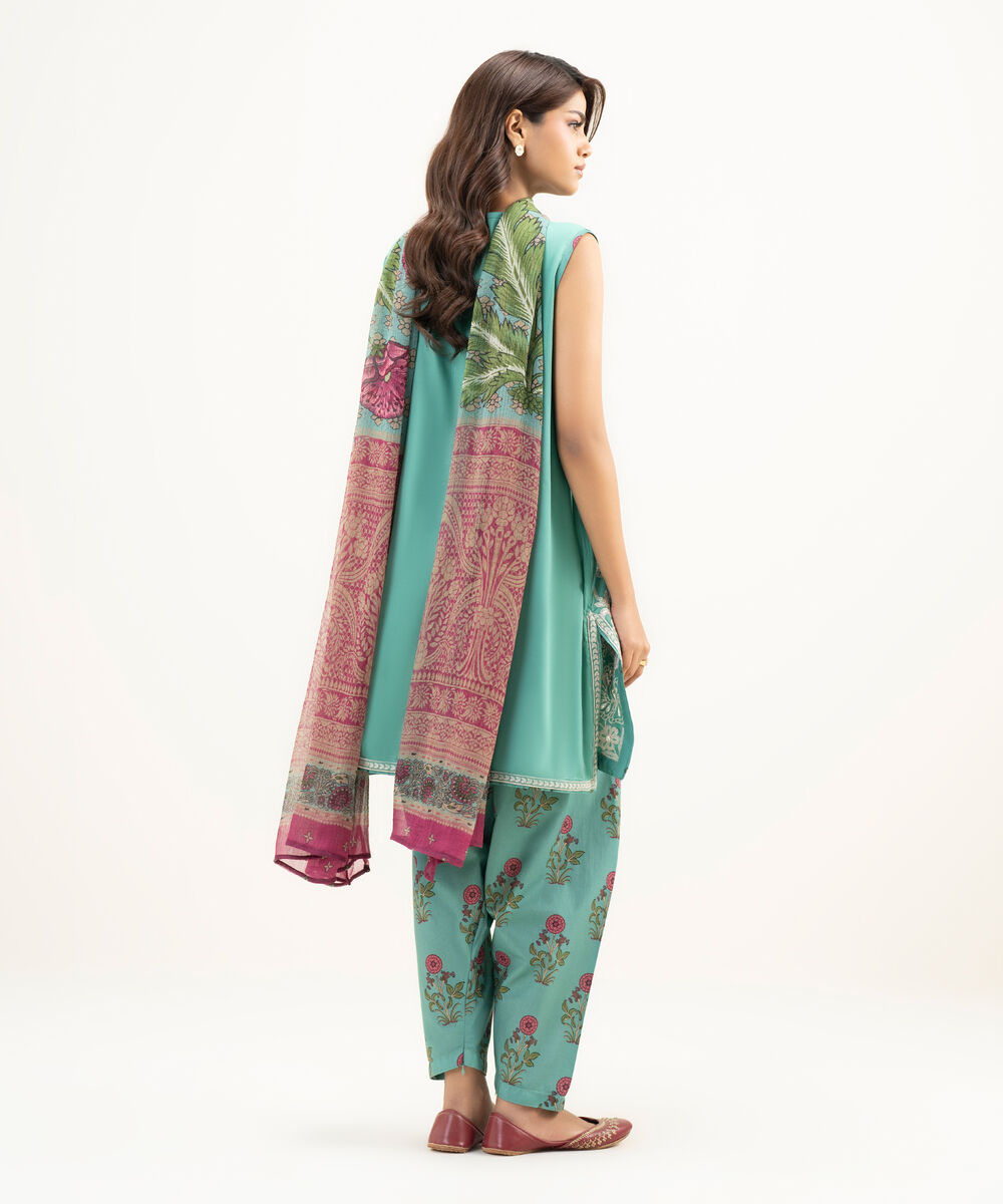 Women's RTW Dobby Embroidered Turquoise 3 Piece Suit