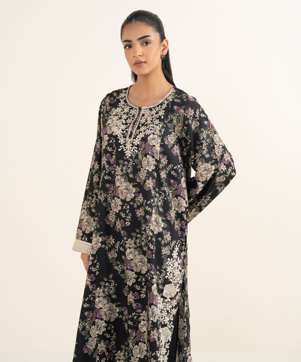 Women's RTW Light Khaddar Embroidered Black A-Line Shirt