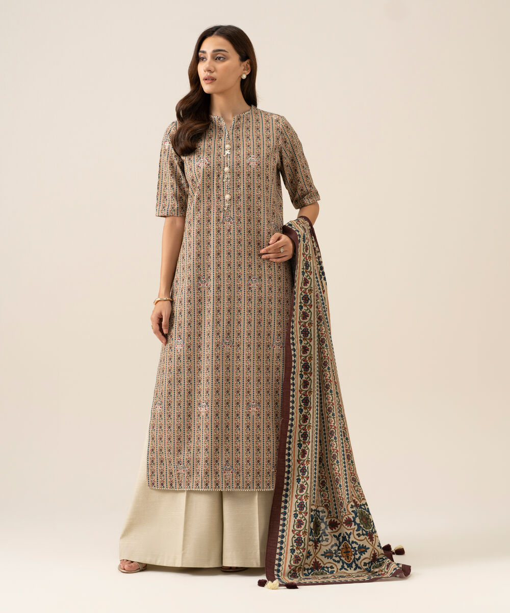 Women's Unstitched Light Khaddar Embroidered Beige 3 Piece Suit