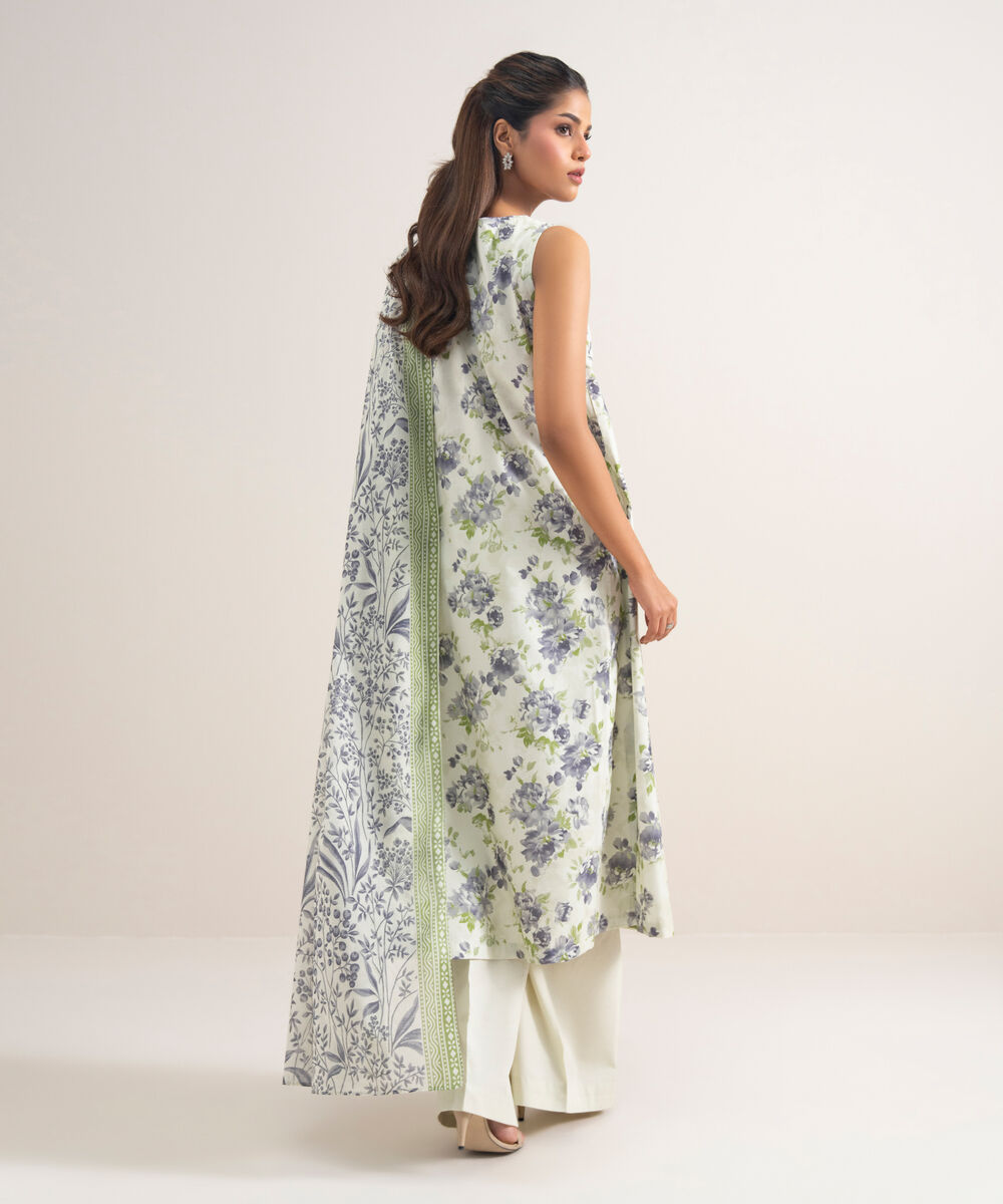 Women's Unstitched Lawn Embroidered Off White  3 Piece Suit