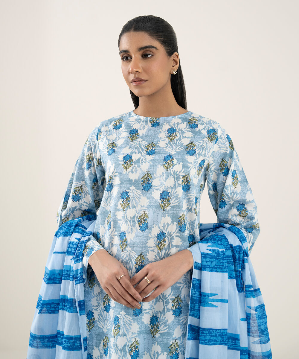 Women's Unstitched Lawn Printed Blue 3 Piece Suit