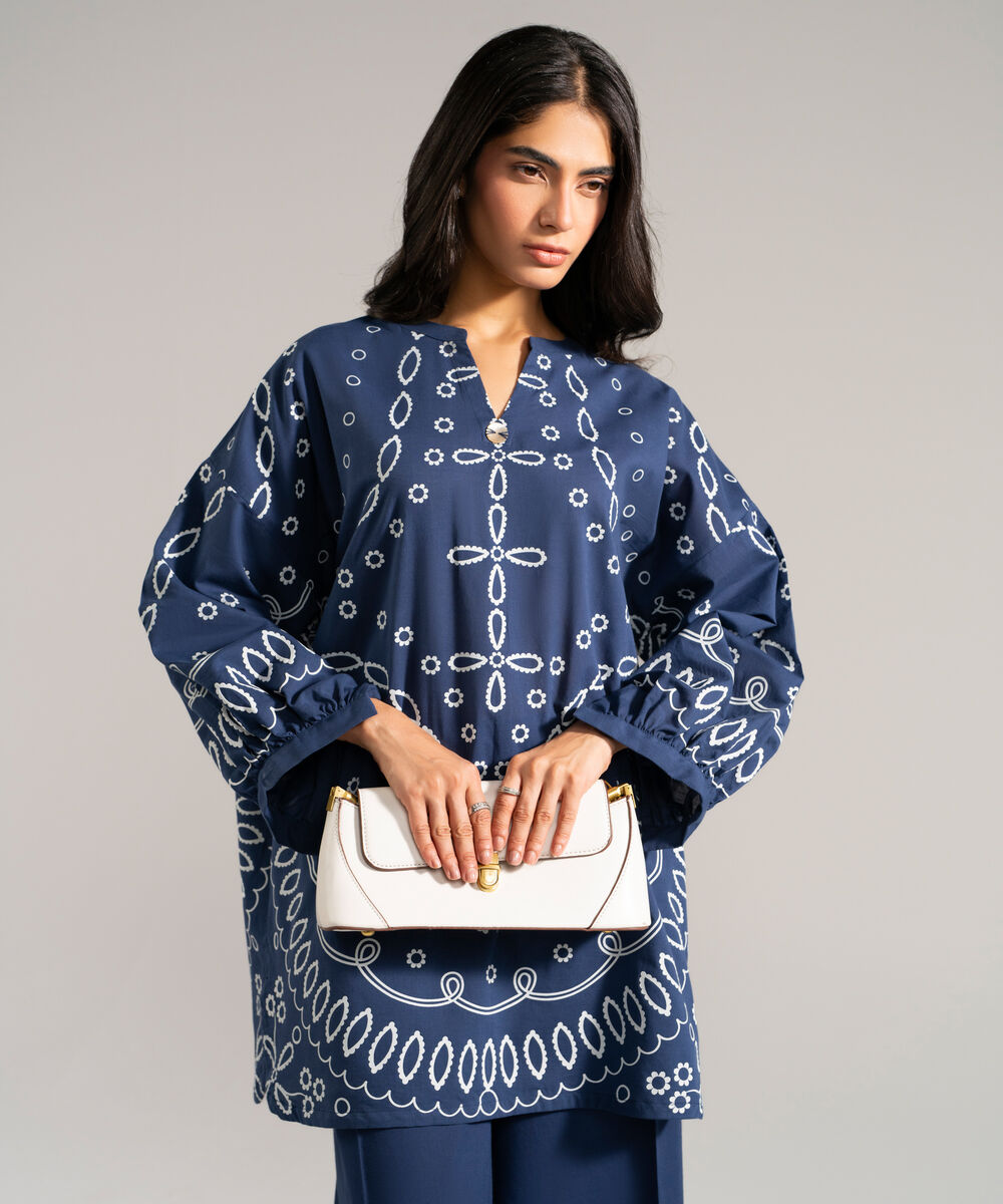 Women's RTW Slub Lawn Printed Blue 2 Piece Suit