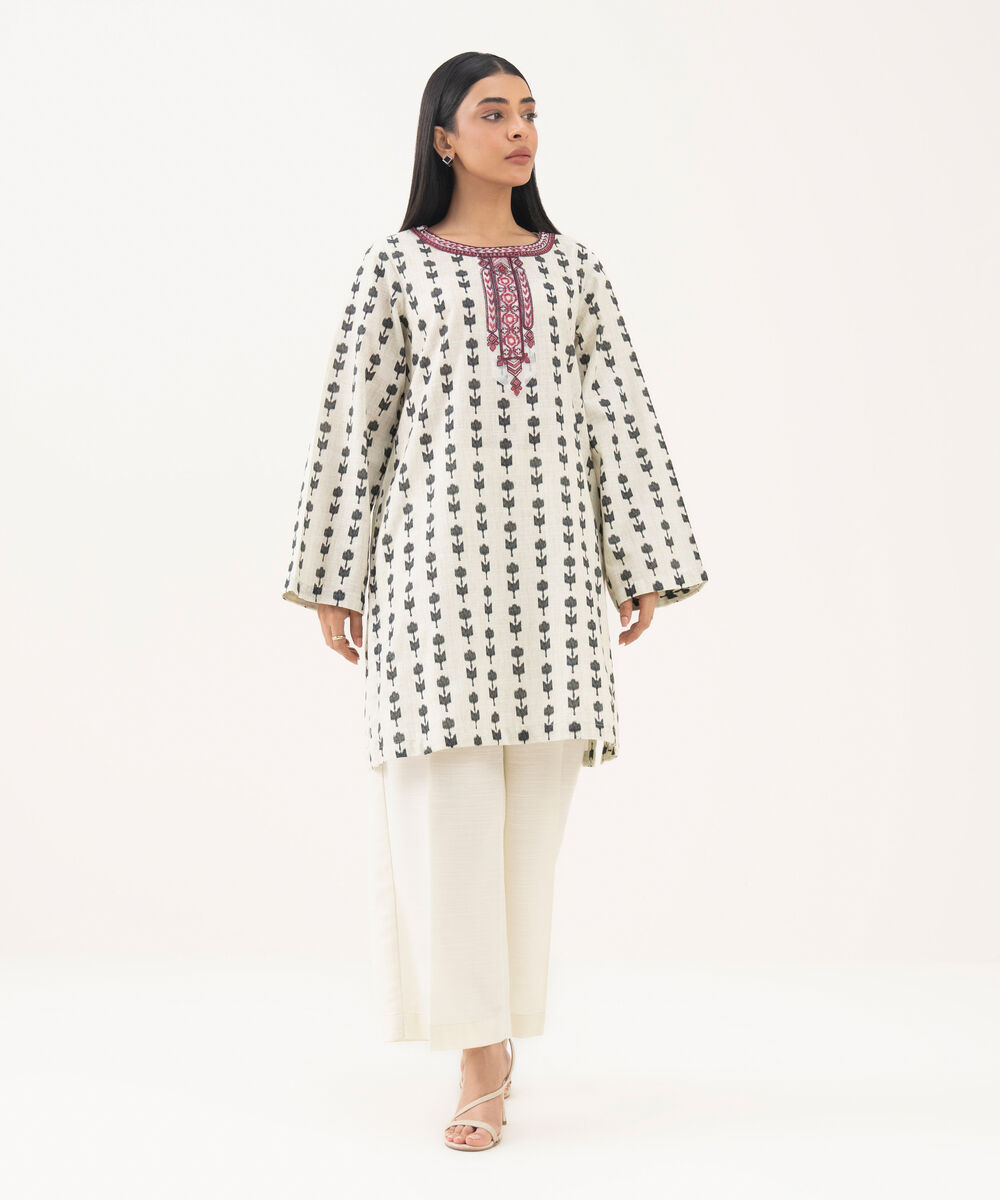 Women's RTW Light Khaddar Embroidered Off White Straight Shirt