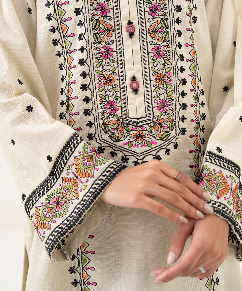 Women's RTW Light Khaddar Embroidered A-Line Off White Shirt