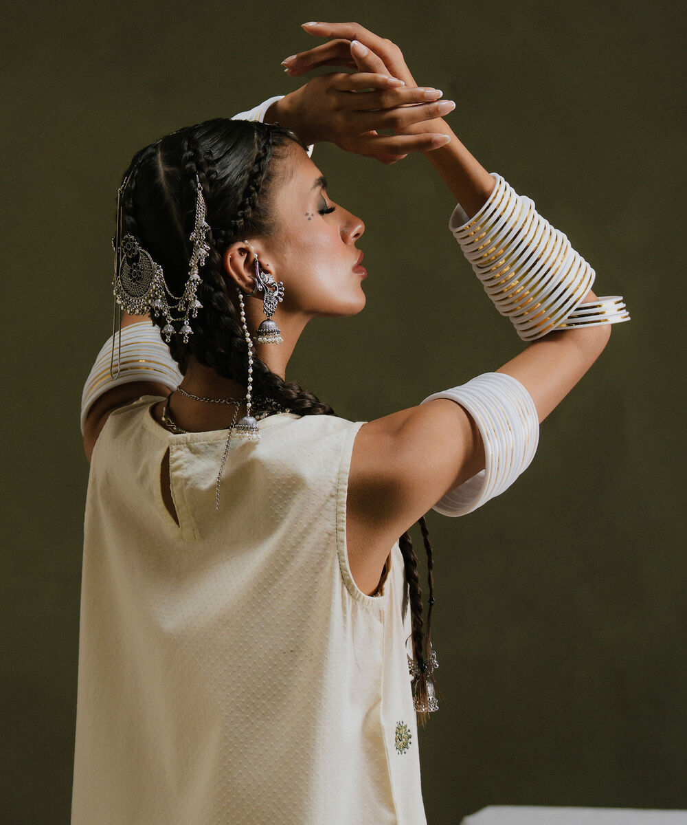 Women's RTW Textured Cotton White Embroidered A-Line Shirt