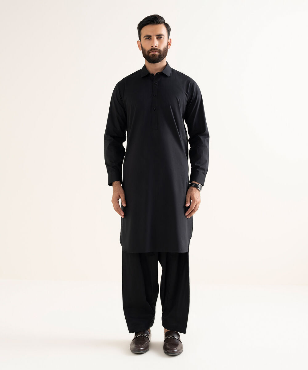 Men's Wash & Wear Plain Black Shalwar Kameez