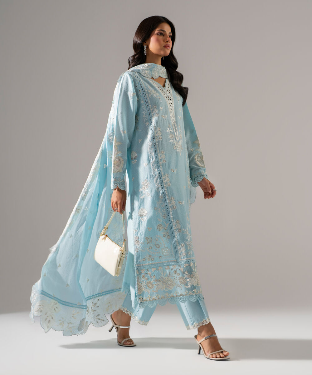 Women's RTW Dobby Solid Embroidered Blue 3 Piece Suit