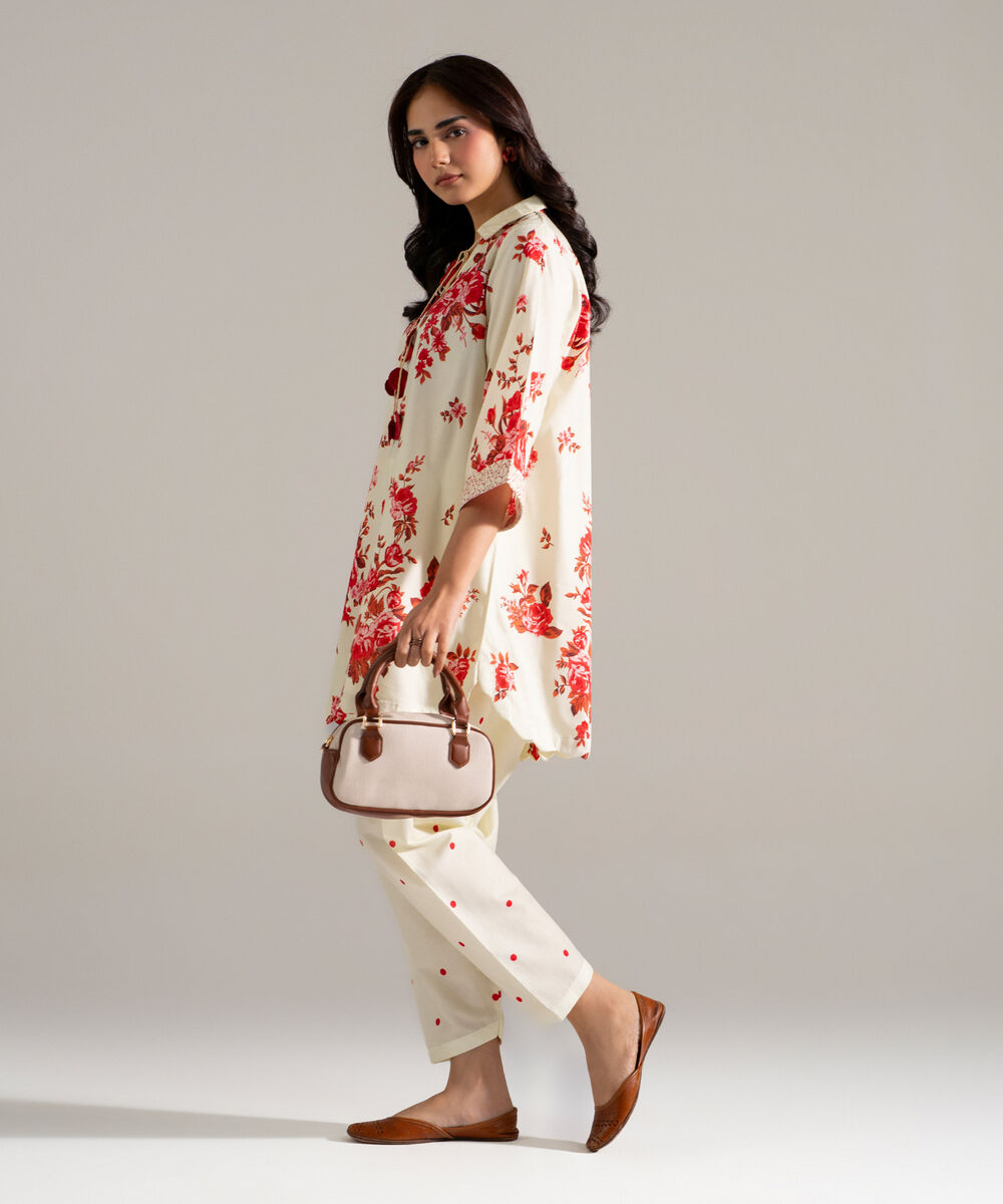 Women's RTW Cotton Viscose Printed Off White 2 Piece Suit