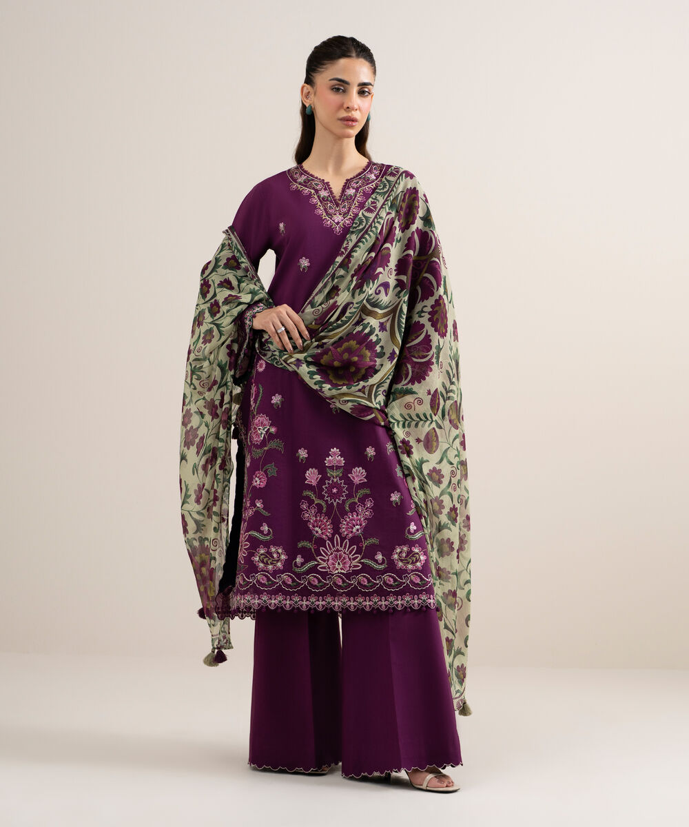 Women's Unstitched Dobby Embroidered Purple 3 Piece Suit