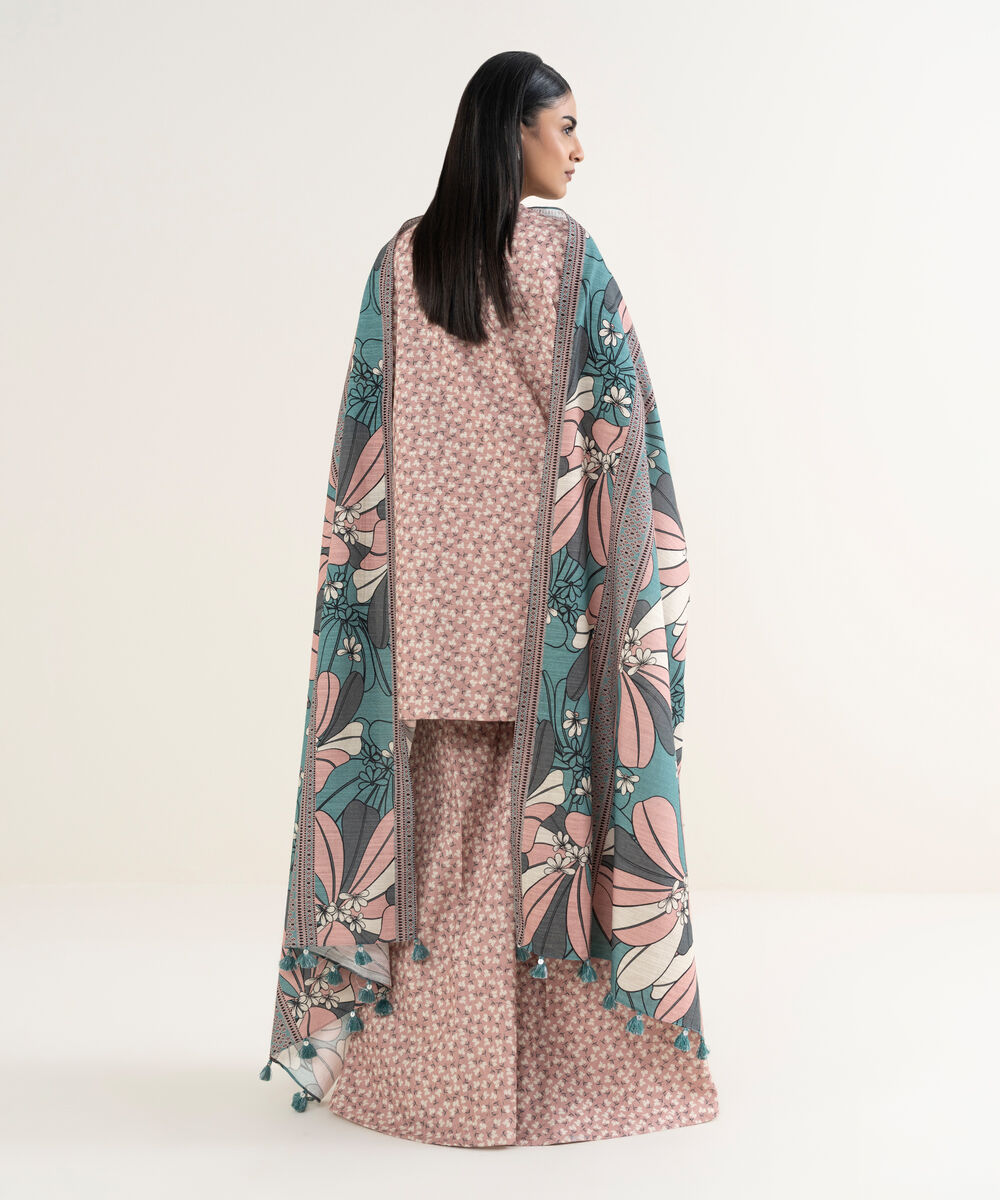 Women's Unstitched Embroidered Khaddar Tea Pink 3 Piece Suit