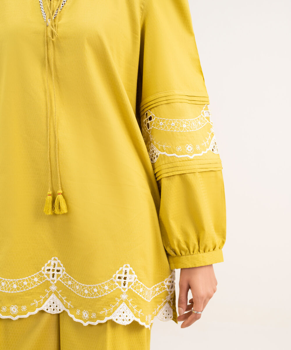 Women's RTW Dobby Embroidered Yellow Straight Shirt