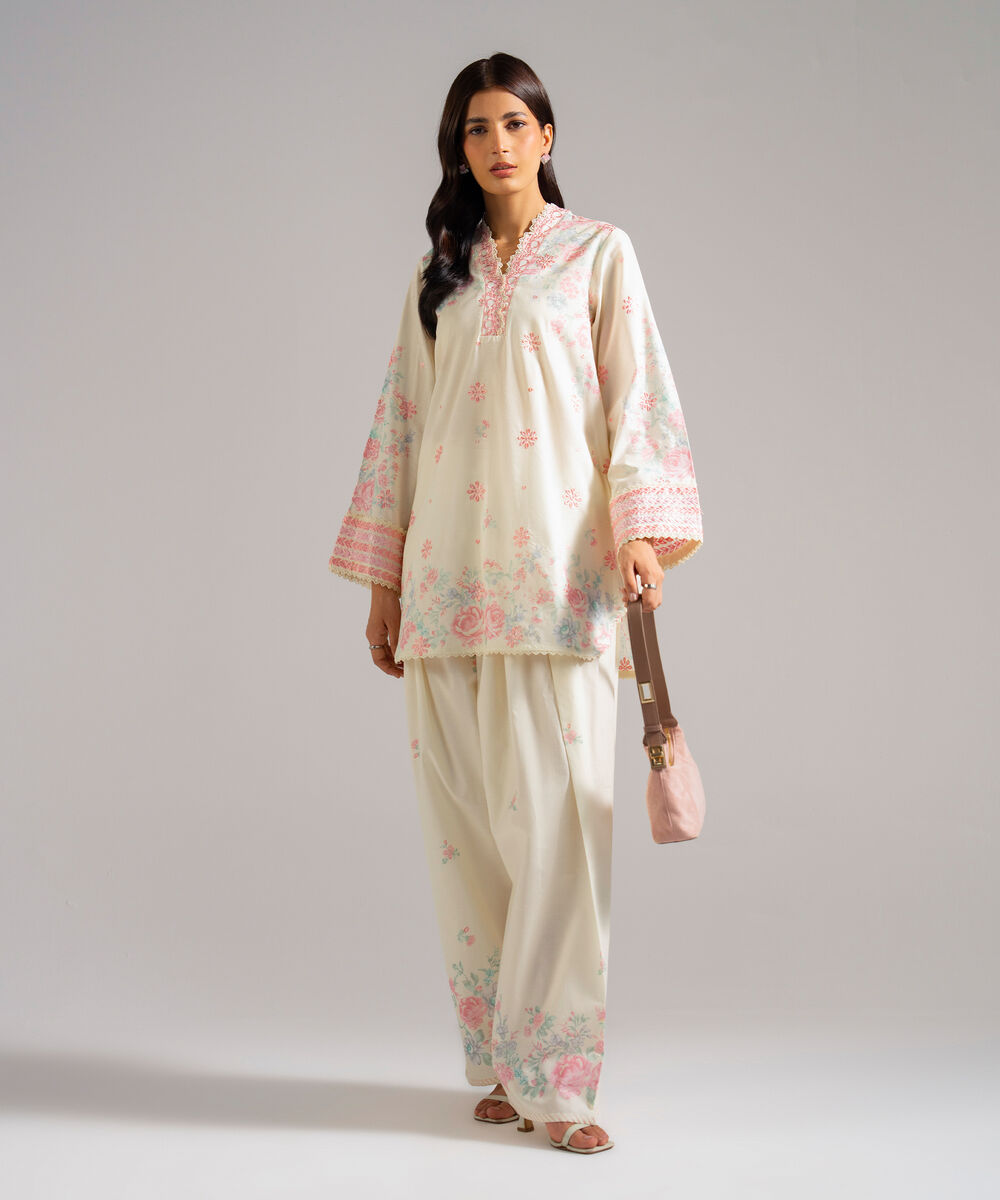 Women's RTW Lawn Embroidered Off White 2 Piece Suit