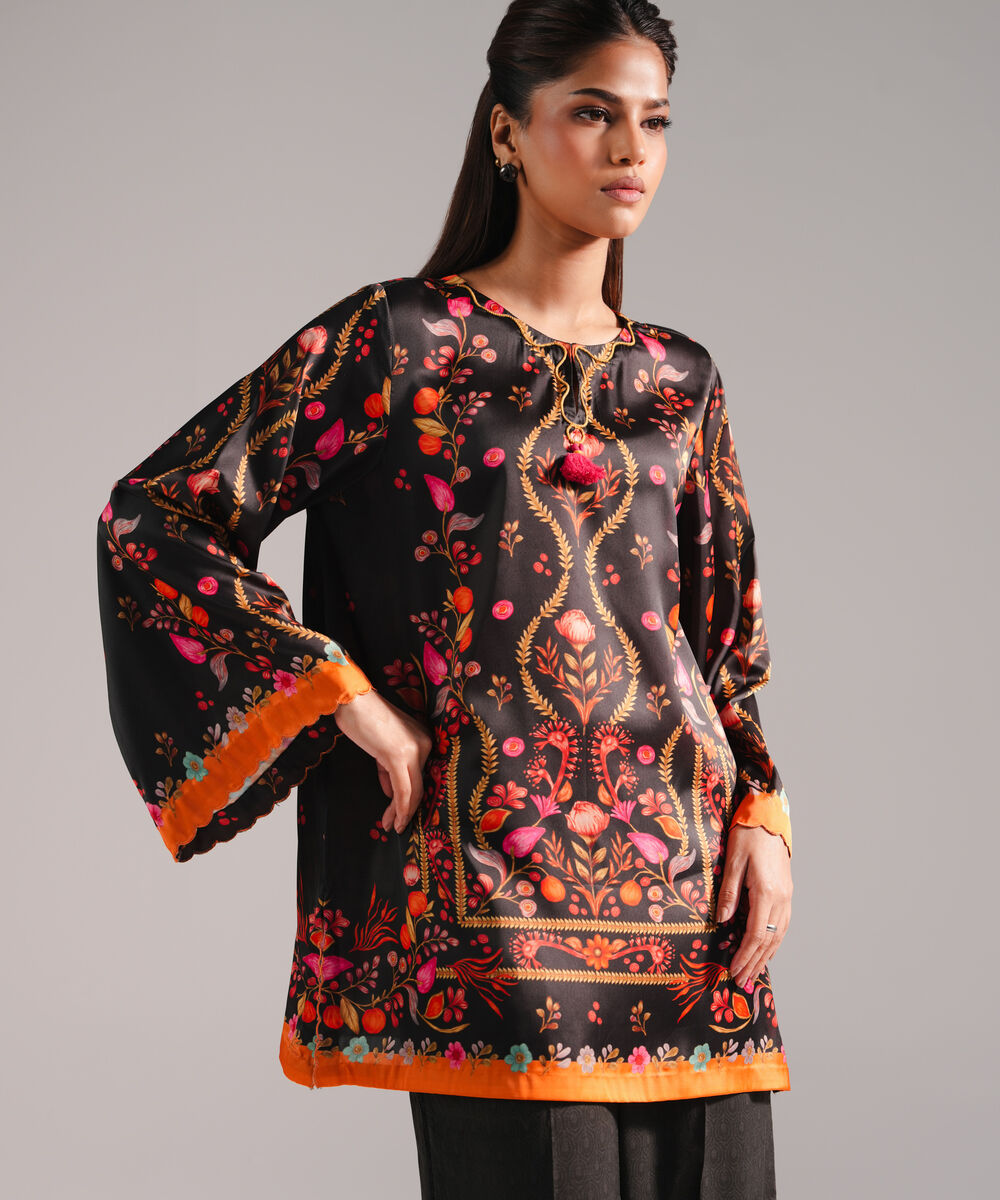 Women's RTW Blended Satin Printed Black 2 Piece Suit